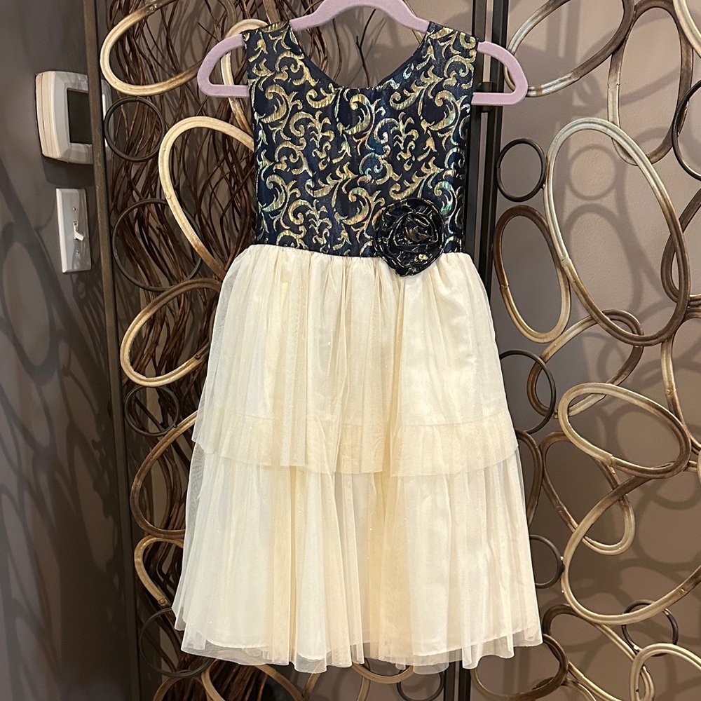 Holiday Kids Dress with Navy and Cream Design